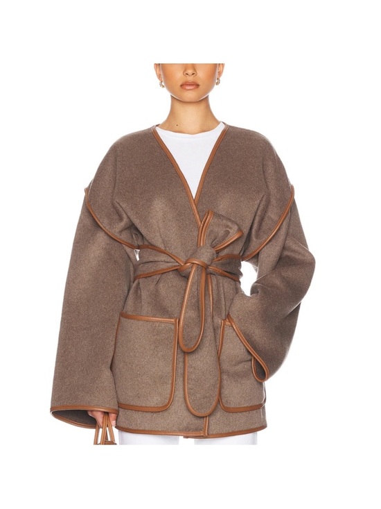 Helsa Jackets & Blazers - HELSA Taupe Open-Front Jacket with Brown Faux Leather Trim